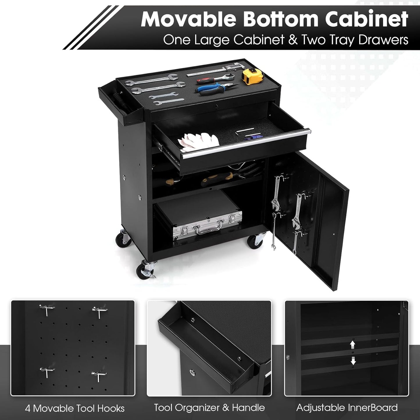5-Drawer Rolling Tool Chest with Lockable Top and Wheels - Garage Storage Cabinet, Black