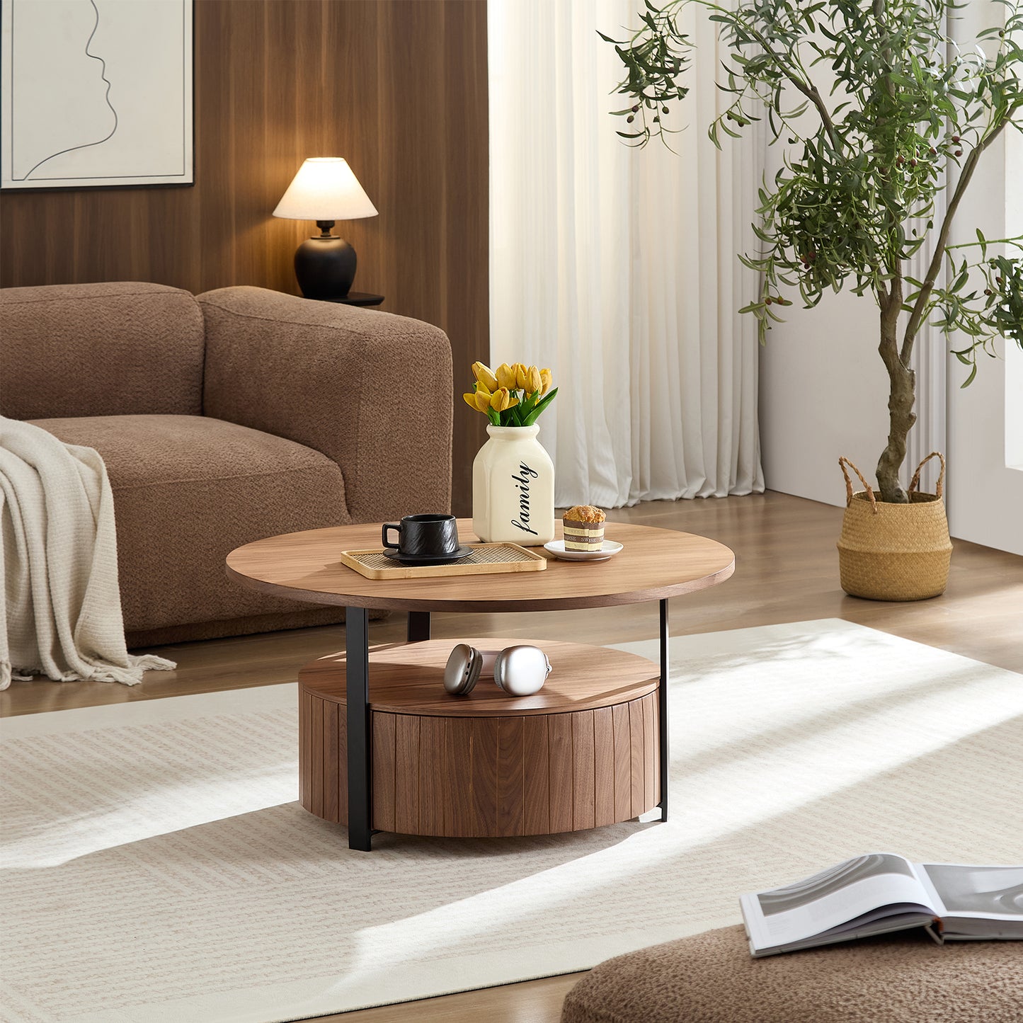 Round Wood Coffee Table - Rustic Walnut Design for Living Room