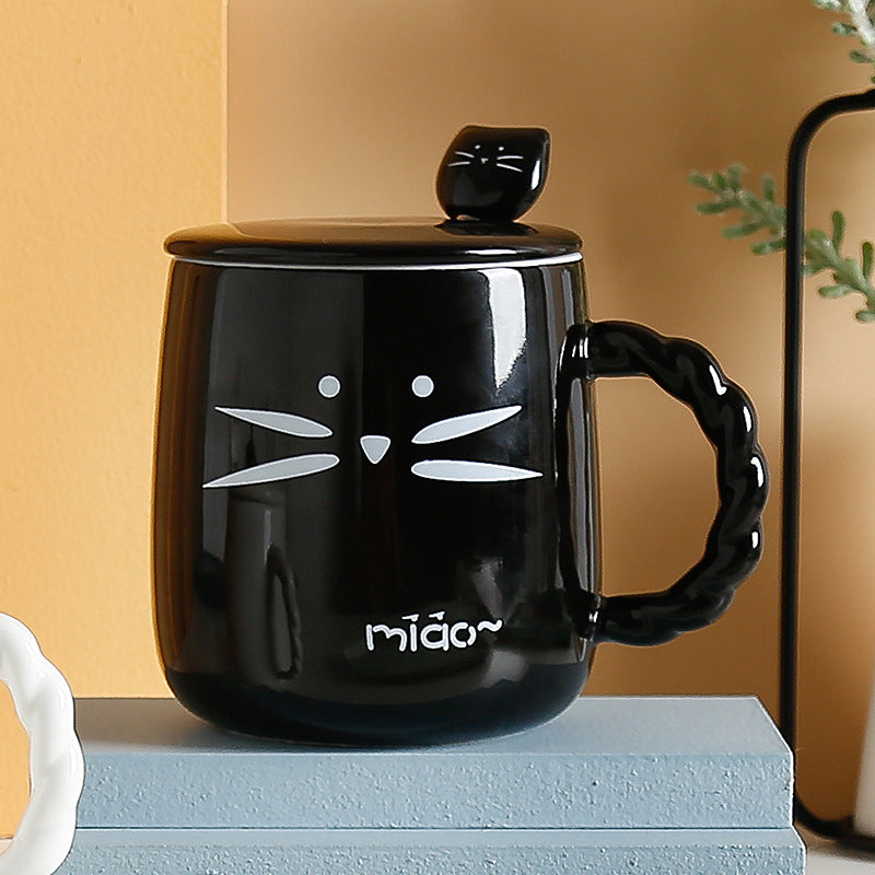 Ceramic Water Cup with Lid and Spoon - Cartoon Style, 401-500ml