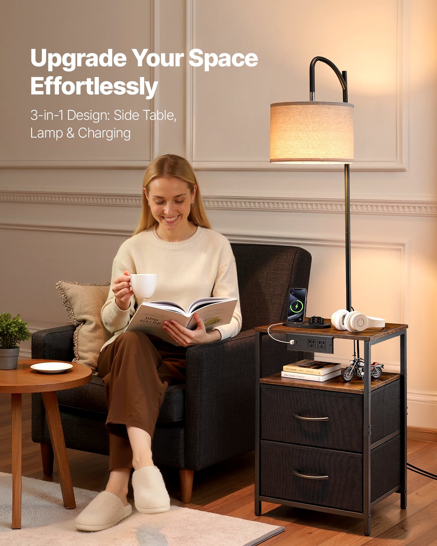 Floor Lamp With 2-Tier End Table and USB Charging Port - Modern Bedside Nightstand with Adjustable Color Temp