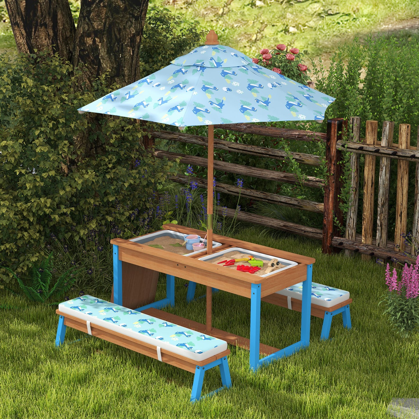 Kids Picnic Table Set with Foldable Umbrella & Cushions - Dinosaur Theme, Blue