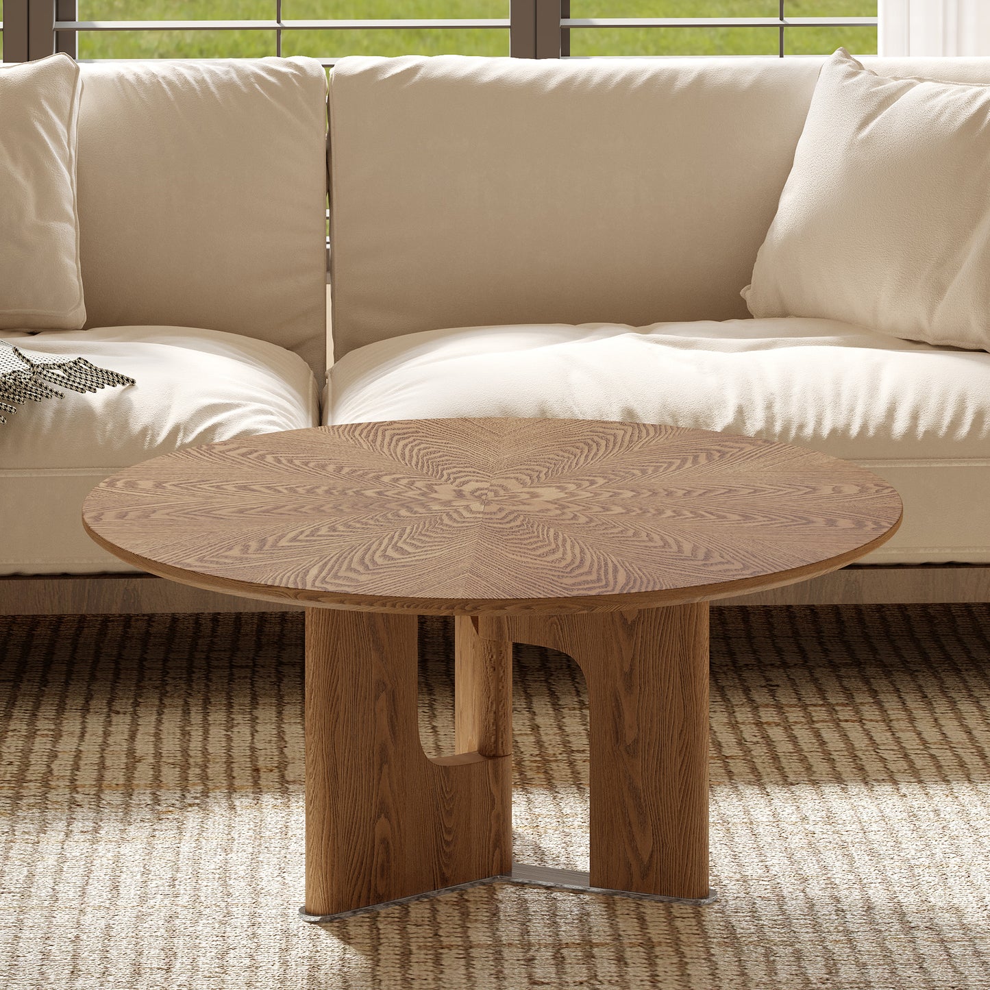 31.5-Inch Round Rustic Ash Wood Veneer Coffee Table - Walnut