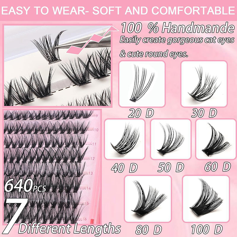 640 Pcs Lash Clusters - 9-16mm D Curl Fluffy Individual Eyelashes