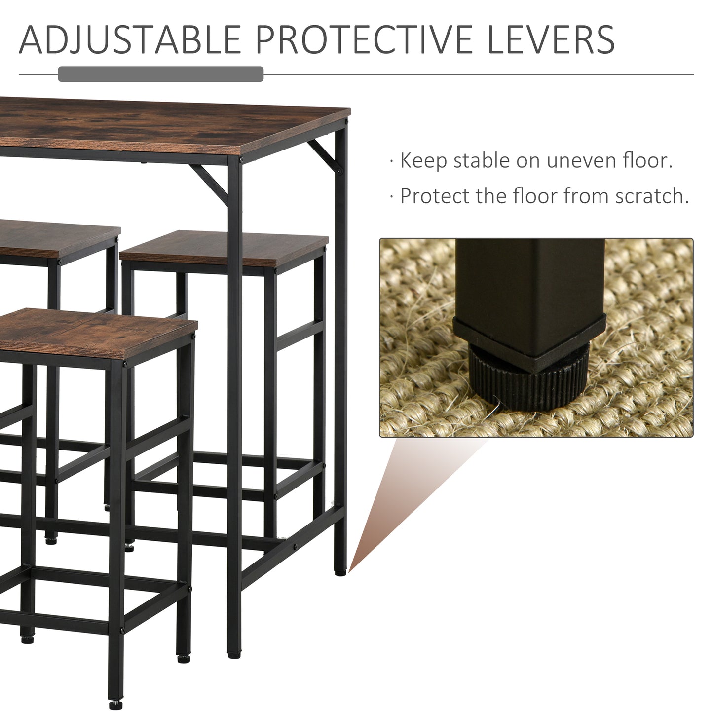 5-Piece Rustic Bar Table Set with 4 Stools - Space Saving Design