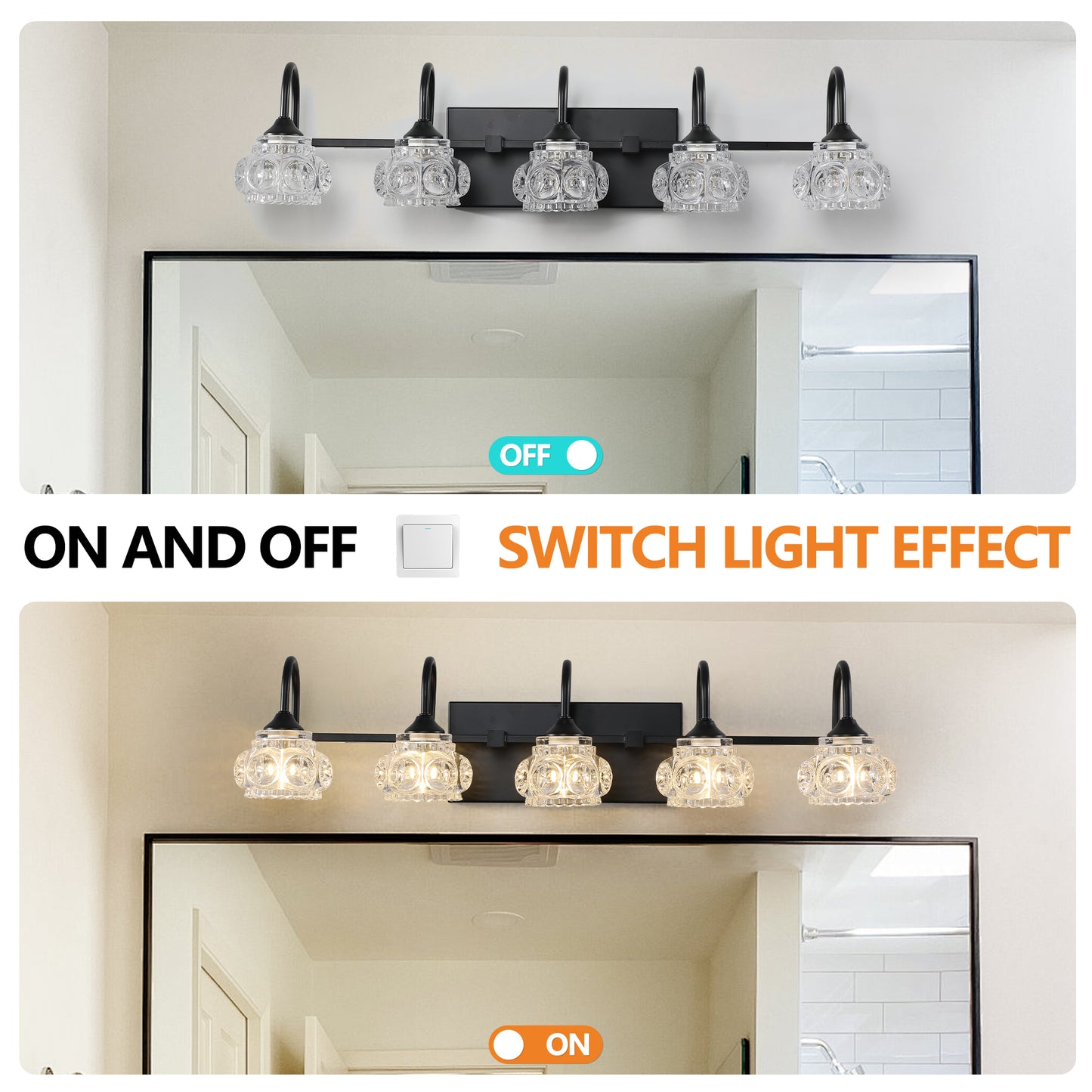 5-Light Bathroom Vanity Light Fixture - Black & Crystal Shades