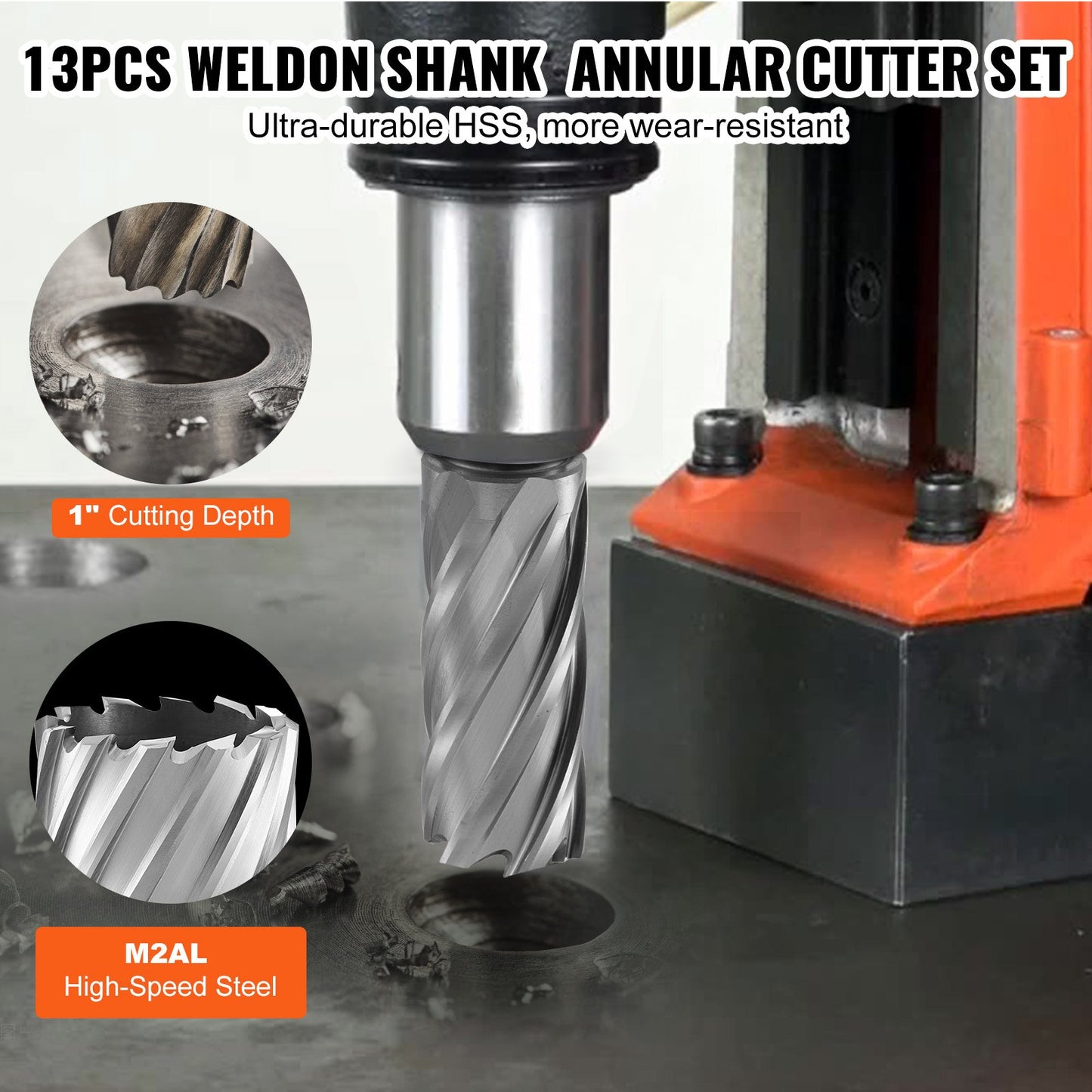 13-Piece Annular Cutter Set with Weldon Shank for Metal Drilling - 7/16 to 1-1/16 Inch Diameter, 2-Inch Depth, High-Speed Steel, Portable Case