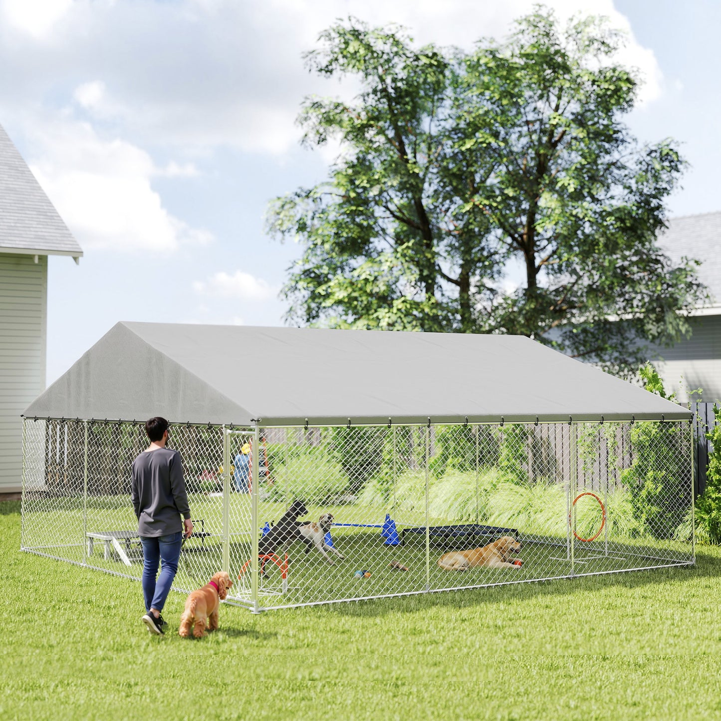 Heavy Duty Outdoor Dog Kennel with Waterproof Roof & Secure Latch - Large Chain Link Run