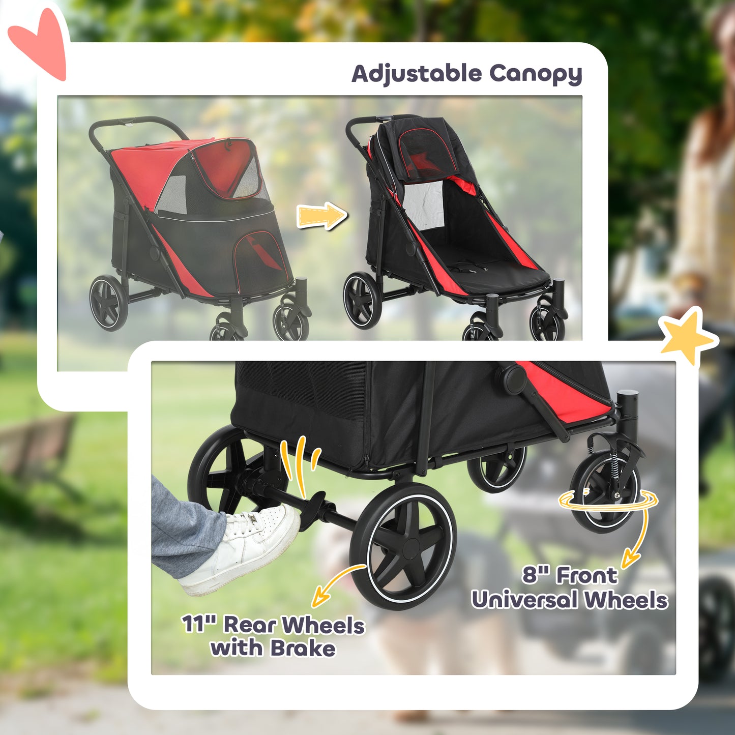 Large Dog Stroller Foldable Pet Carrier with Mesh Windows & Shock Absorption - Red