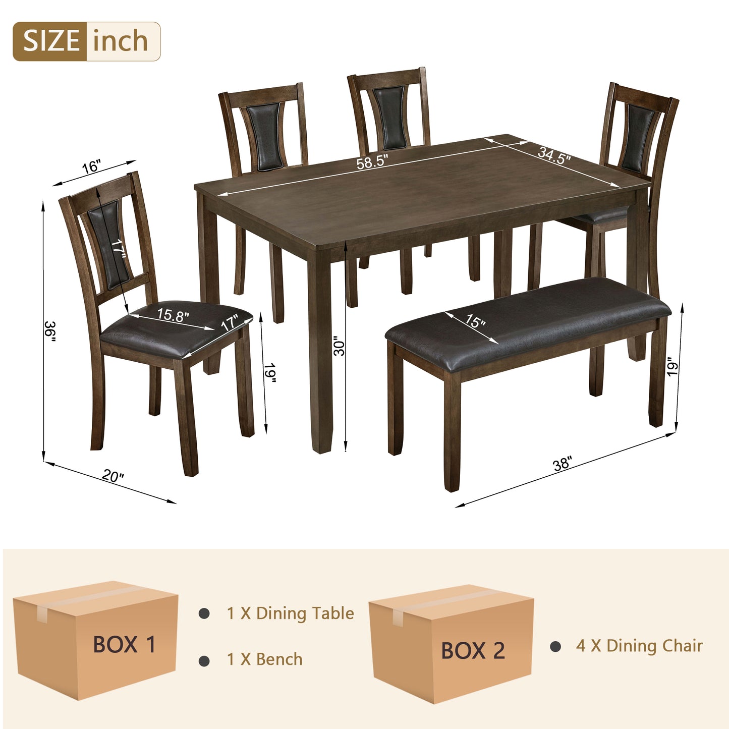 6-Piece Wooden Dining Table Set with Bench & Chairs - Walnut