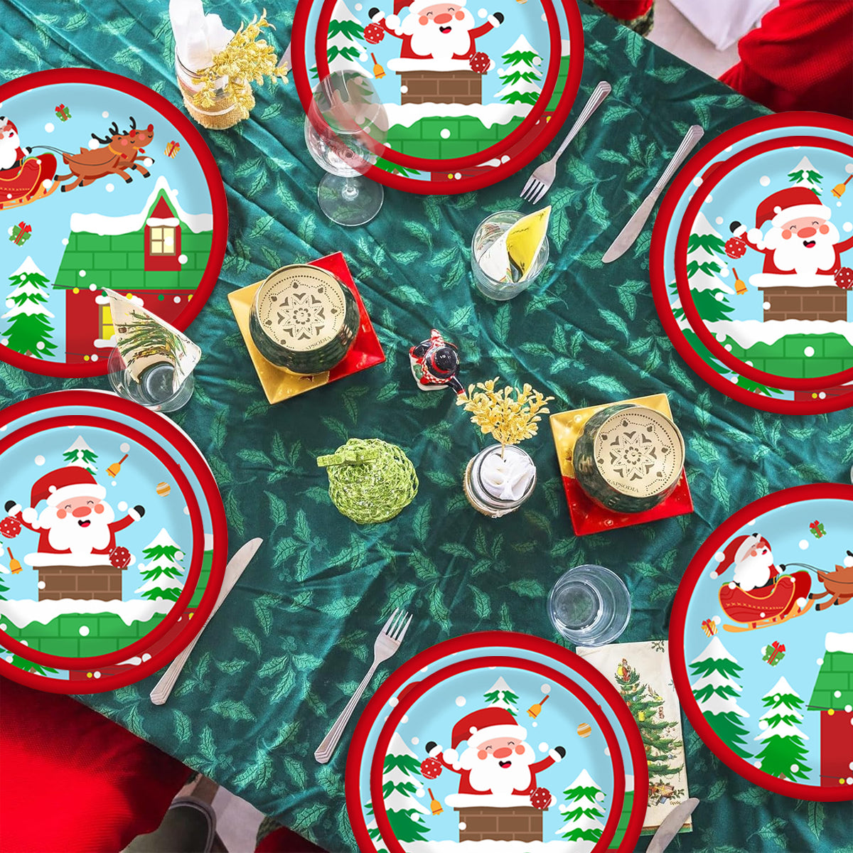 Christmas Paper Plates and Cups Set for 10 Guests - Santa & Elk