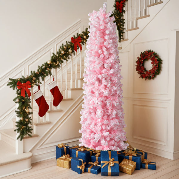 7.5 FT Snow Flocked Artificial Pencil Christmas Tree - Pink