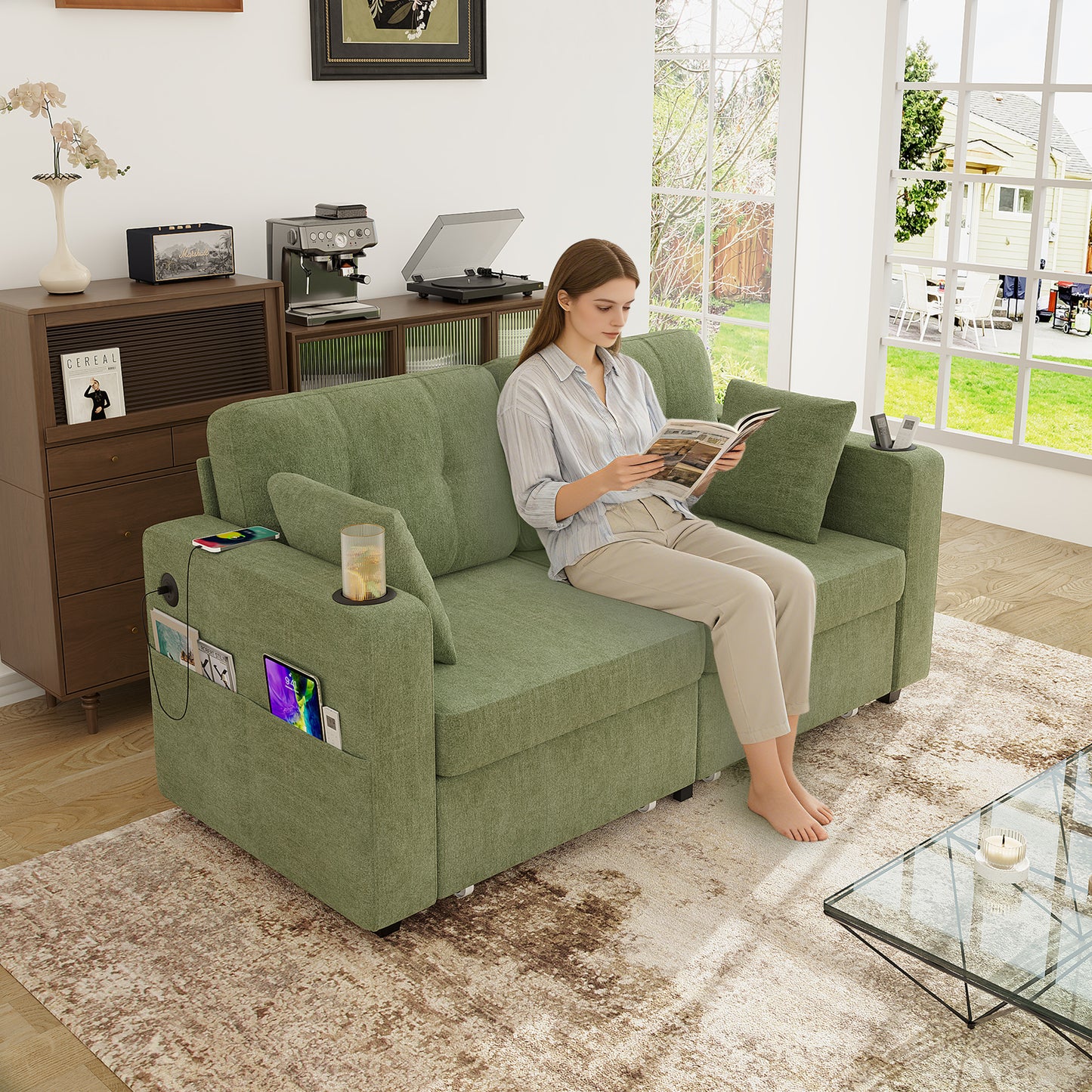 Modern 3-Seater Sofa with USB Charging & Storage - Olive