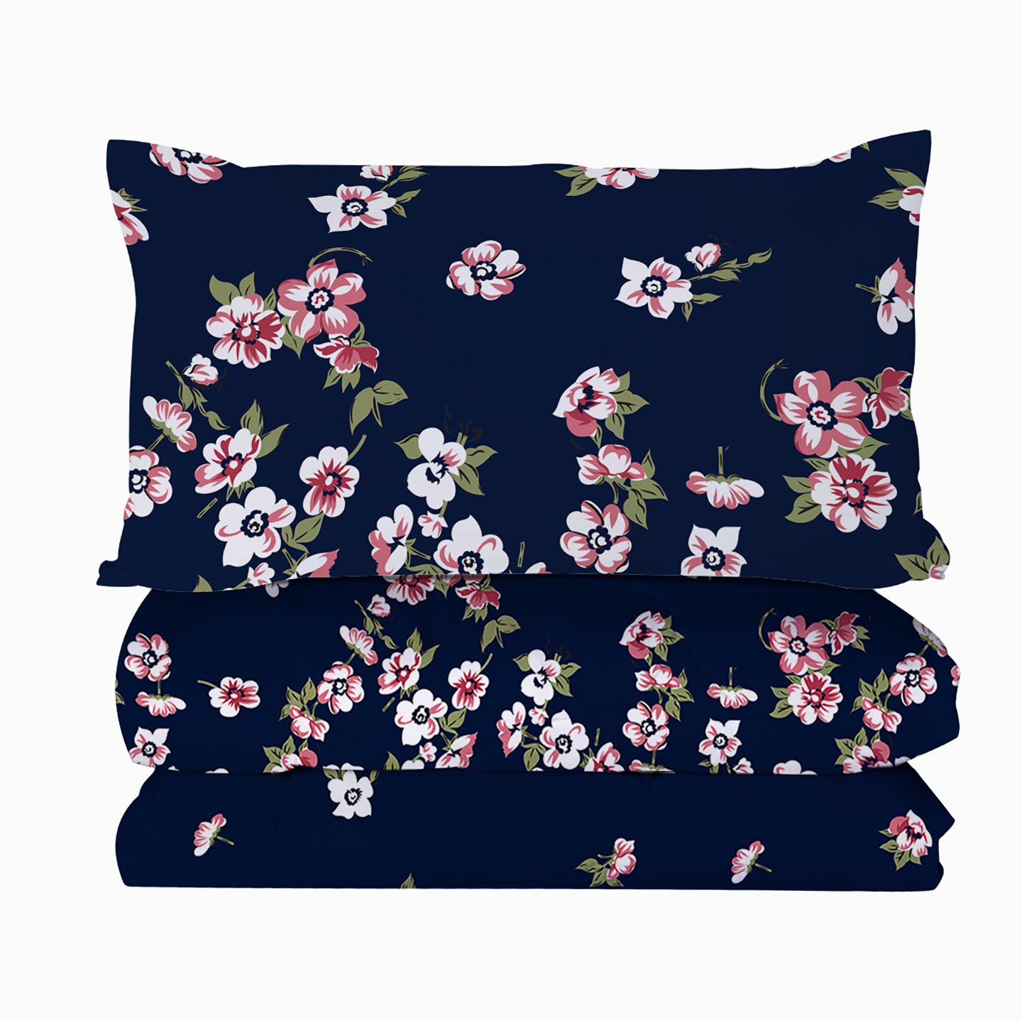 Floral Comforter Set - Dark Blue Queen Size with 2 Pillowcases