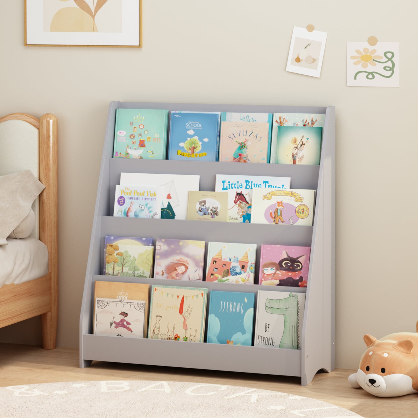 4-Tier Kids Bookshelf - Gray MDF Book Display for Bedrooms & Playrooms