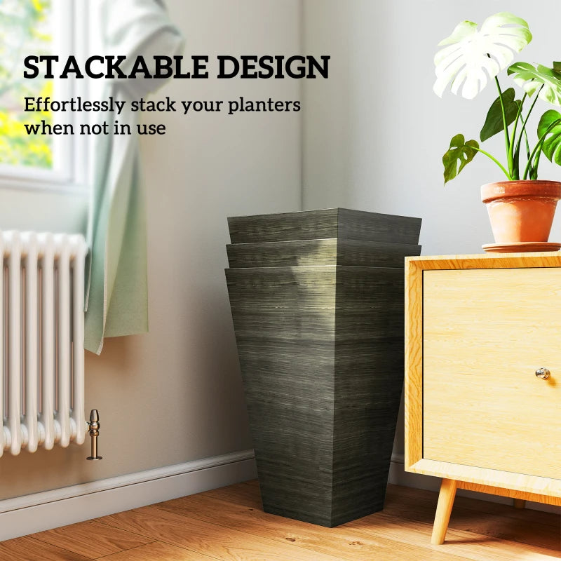 Tall Outdoor Planters Set of 3 - Self-Draining Faux Wood Style Gardening Pots