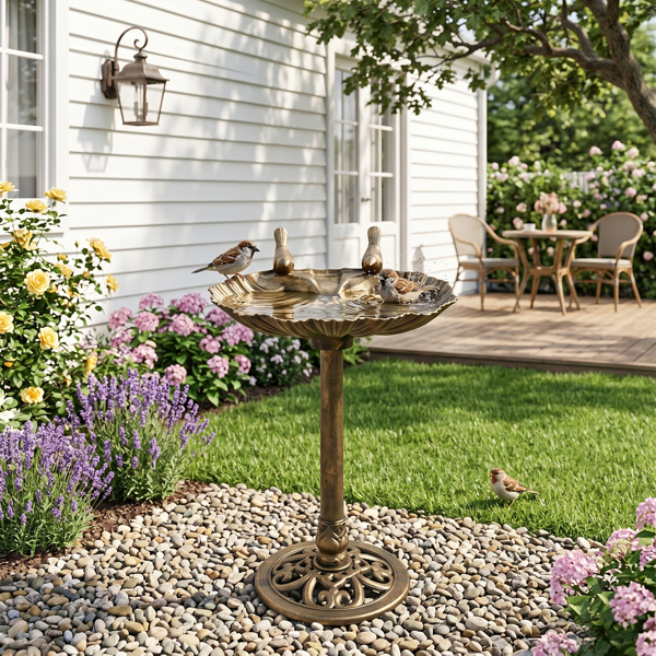 Antique Bronze Resin Bird Bath with Shell Edge and Solar Fountain - Outdoor Garden Decor