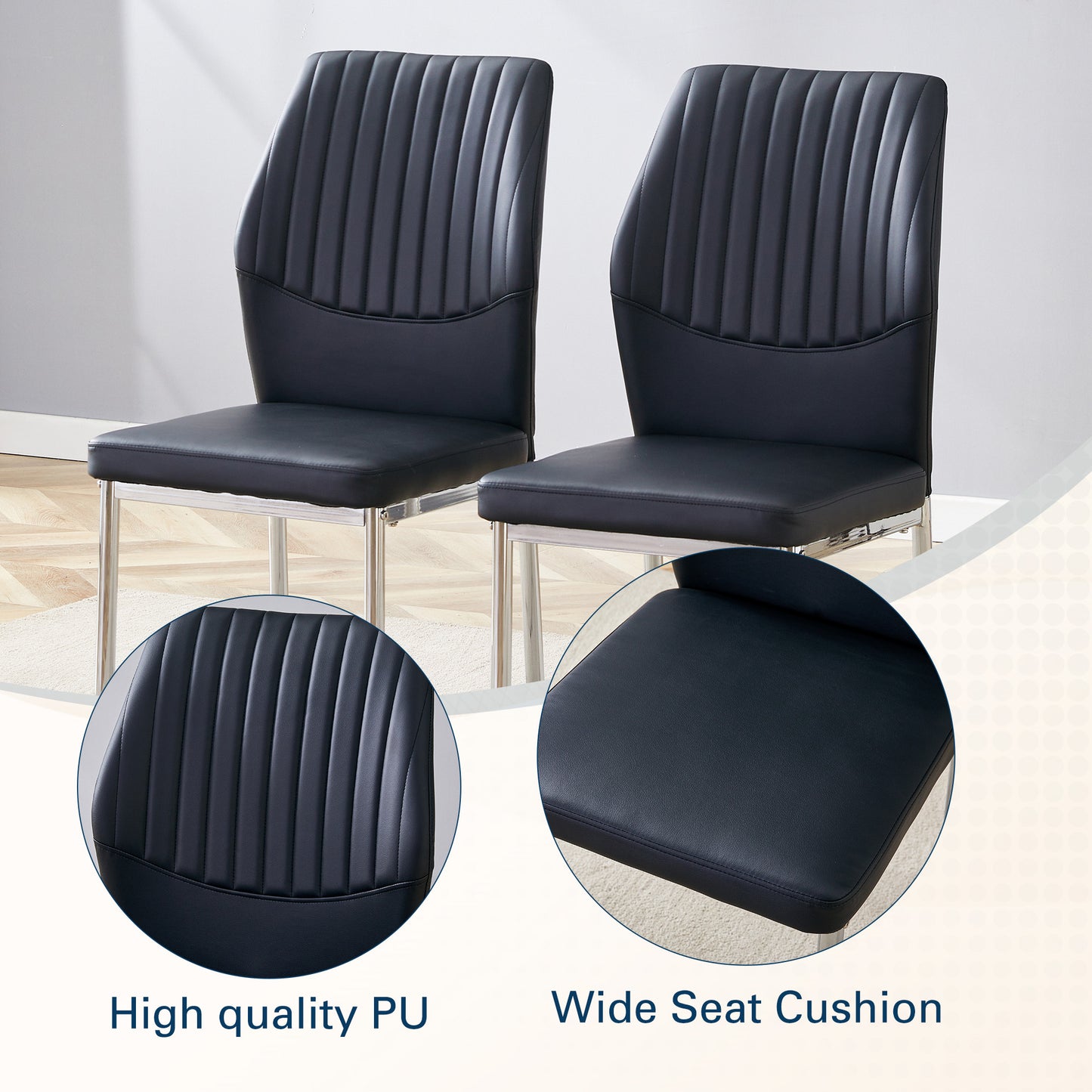 4-piece Set Of Black Silver Light Luxury PU Dining Chairs Ergonomic