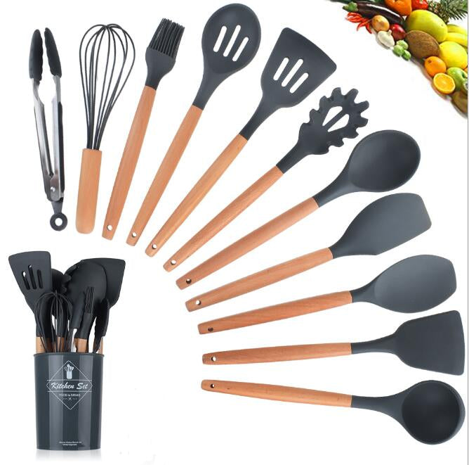 Silicone Kitchen Utensil Set with Wooden Handles - 12pcs Heat-Resistant Cooking Tools