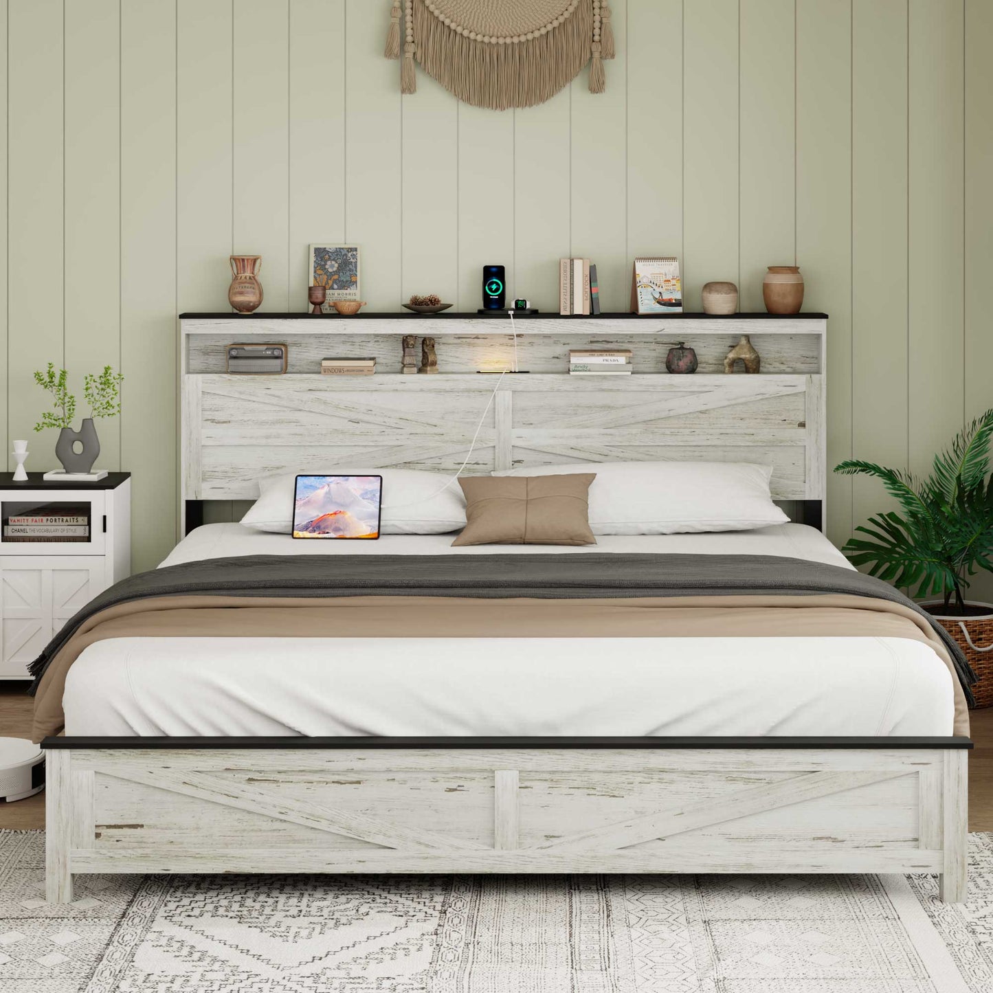 King Wood Platform Bed Frame with Hidden Storage & USB Ports