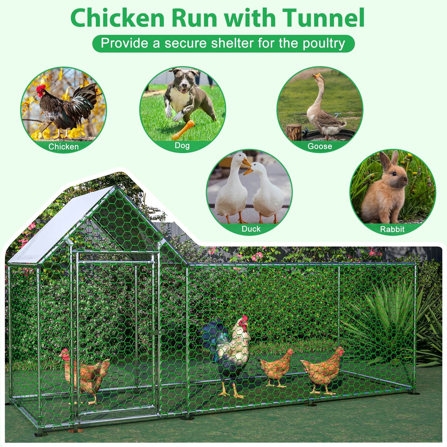 Large Metal Chicken Coop with Walk-In Run, Cover & Lockable Door - Multiple Sizes