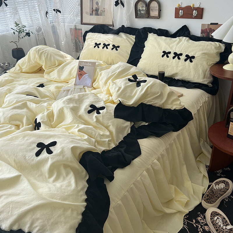 Cream Ins Girl Bow Lace Cotton Bedding Set - Multiple Sizes & Patterns