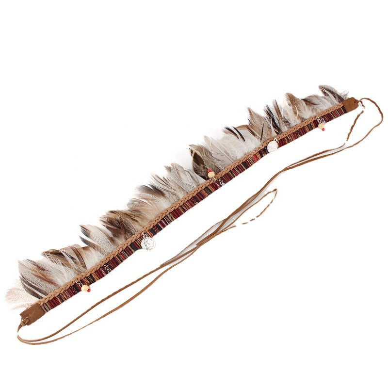 Bohemian Fabric Feather Headband with Ribbon Rope - Handmade Accessories