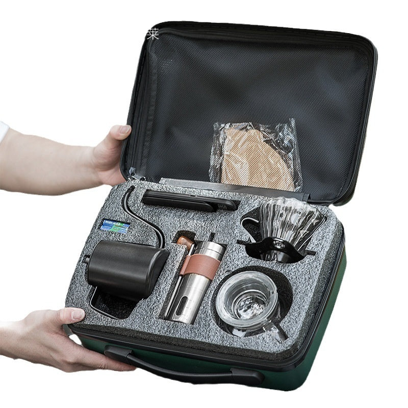 Portable Coffee Maker Set with Hand Grinder and Accessories - Suitcase Packaging
