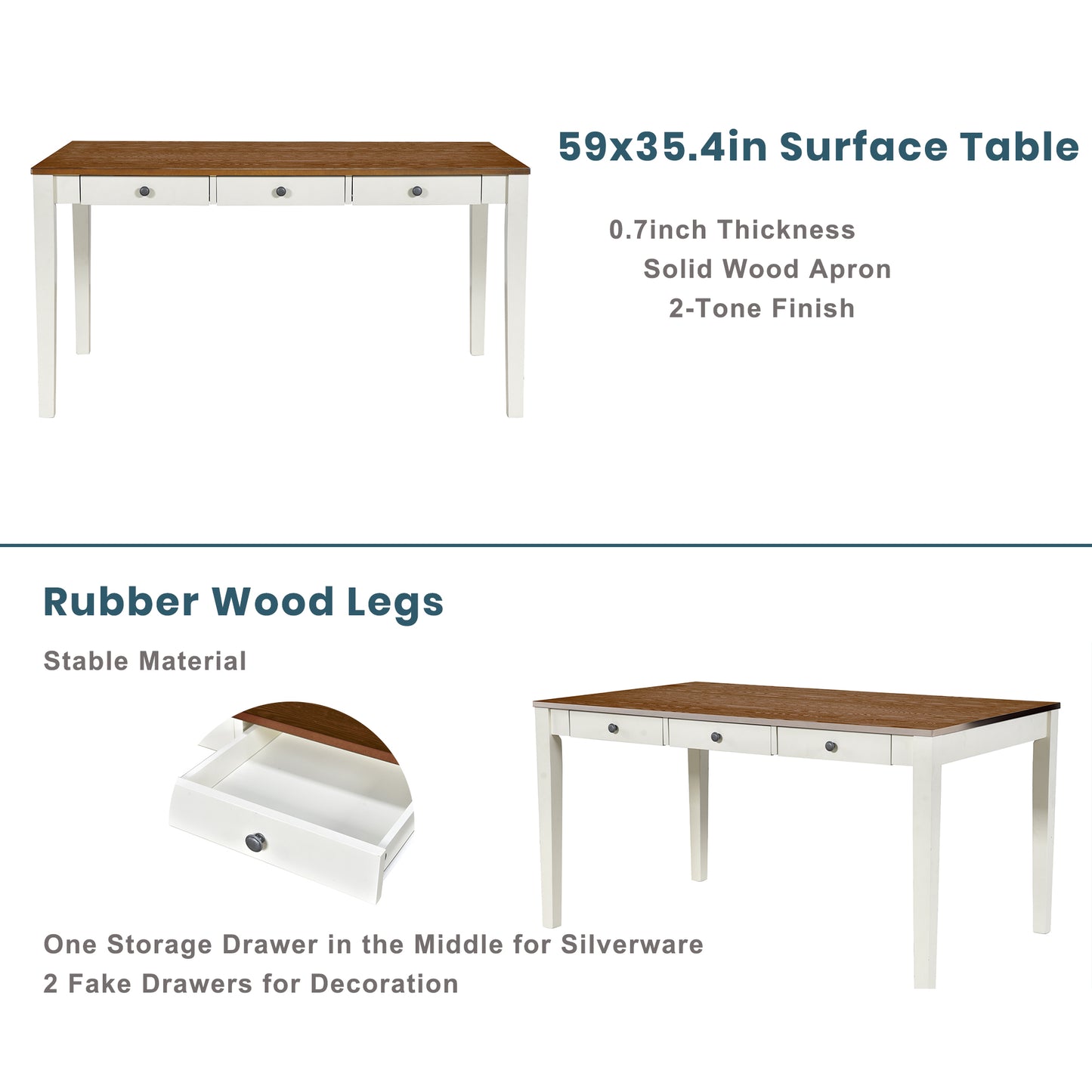 Mid-Century 6-Piece Wood Dining Table Set with Drawer - White