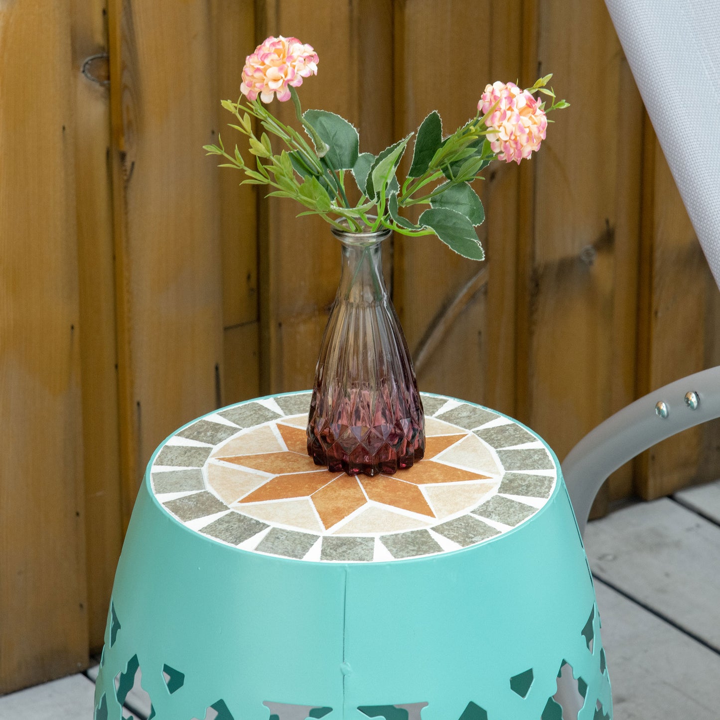 Mosaic Outdoor Stool - 12" Round Patio Side Table - Blue