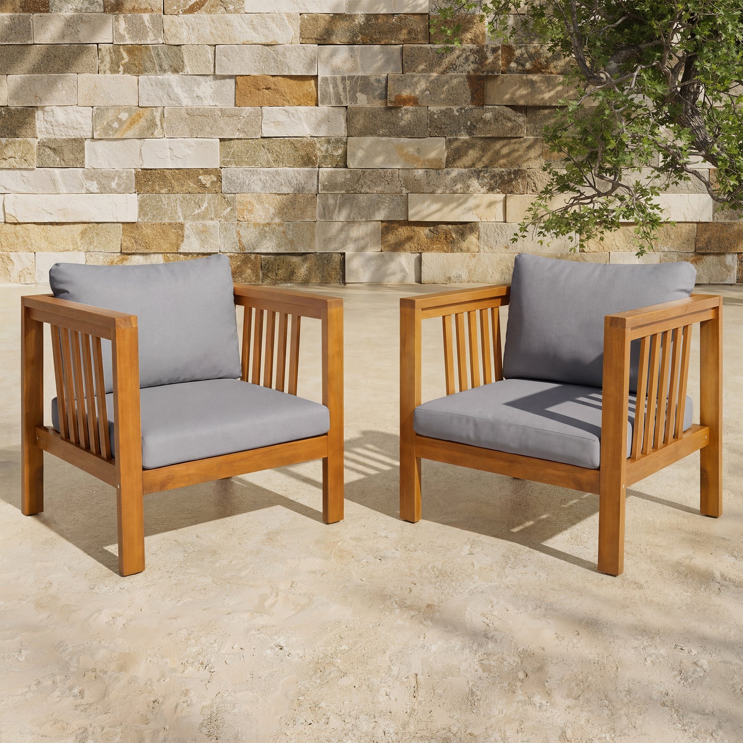 Set Of 2 Outdoor Acacia Wood Club Chairs With Modern Square Arms,