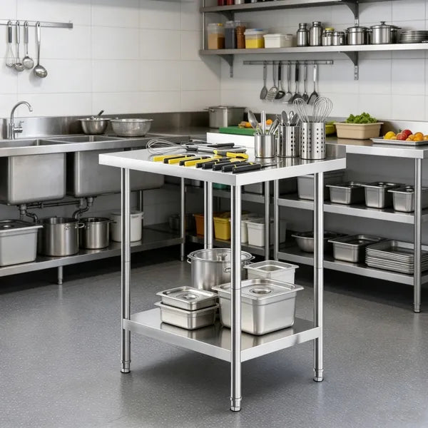 Sleek Metal Work Table With Easy To Clean And Adjustable Shelves For