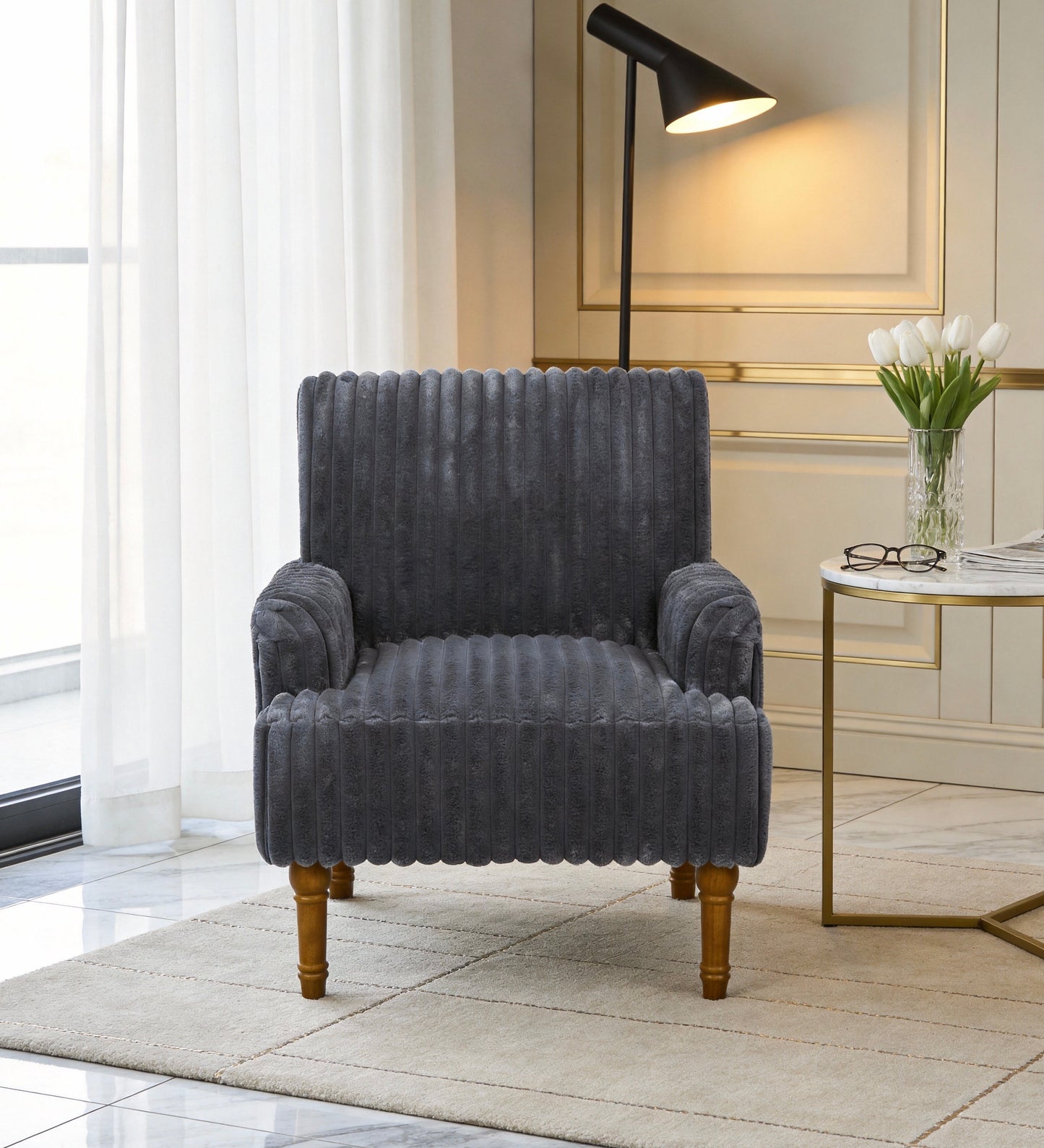 Modern Dark Gray Accent Chair with Plush Corduroy Upholstery