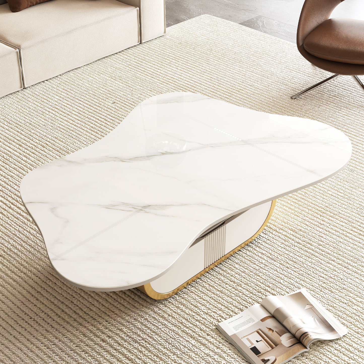 Modern Butterfly Coffee Table with Sintered Stone Top - Gold & White