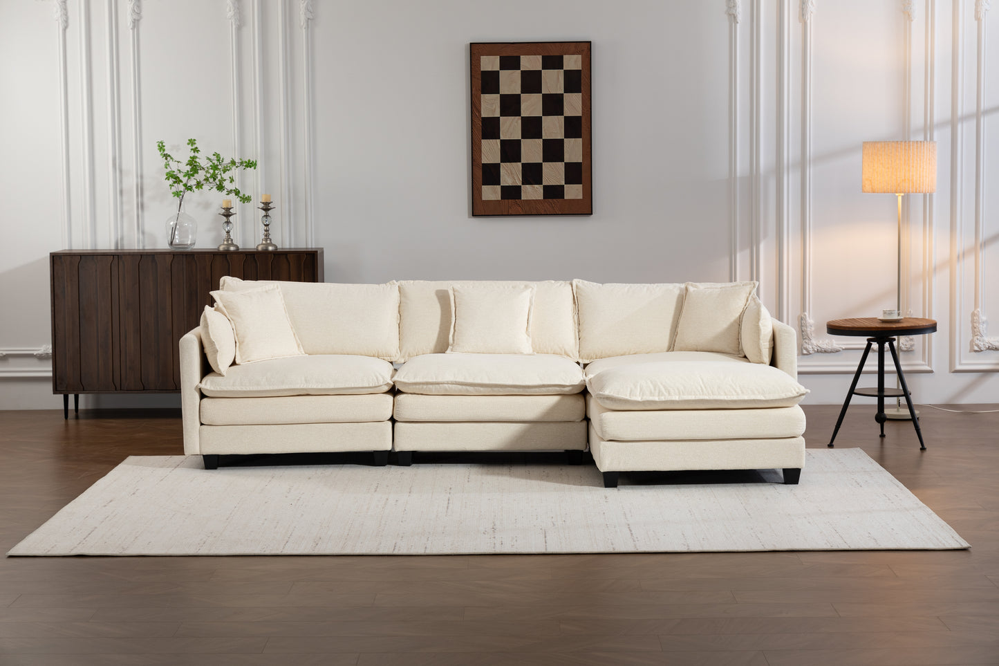 Modern 3-Seat Sectional Sofa with Ottoman - Antique White