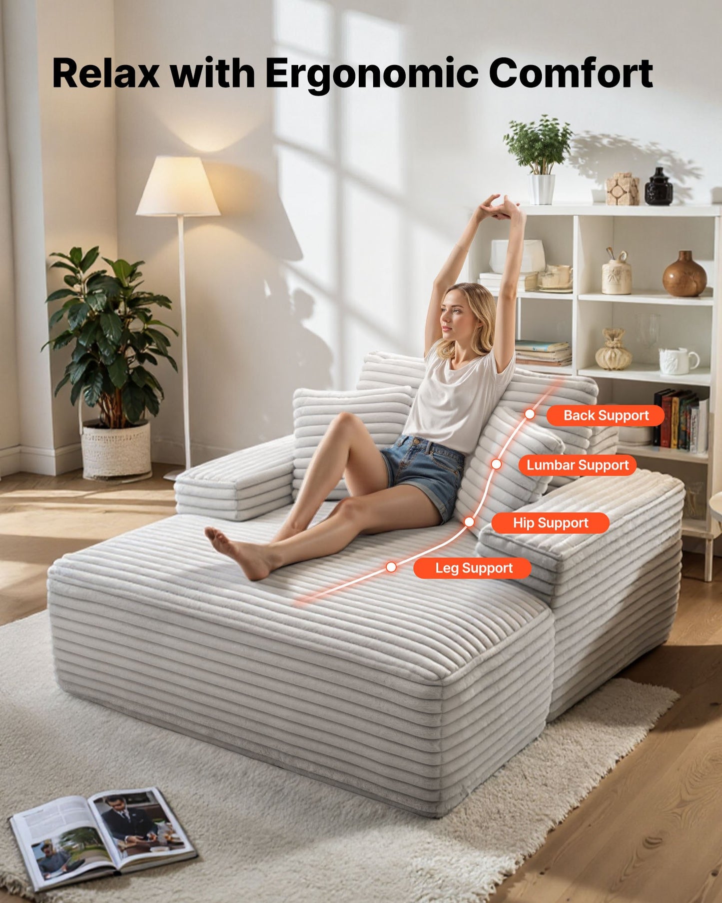 Oversized Upholstered Chaise Lounge Chair with Pillows, Armrests & Faux Fur Cover