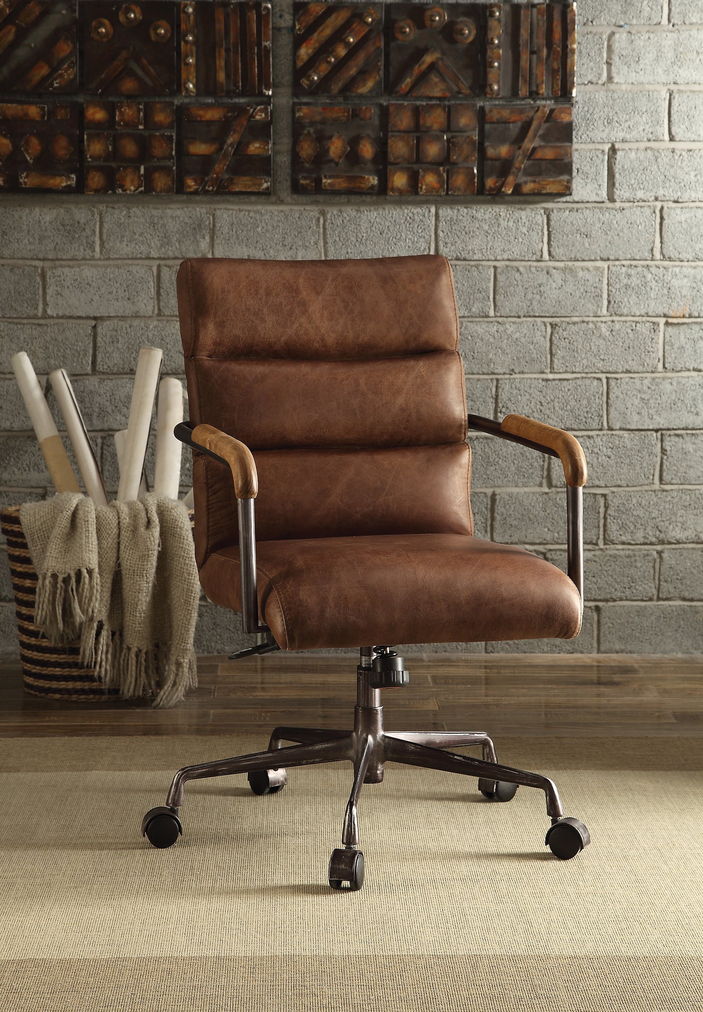 Brown Top Grain Leather Office Chair with Adjustable Height