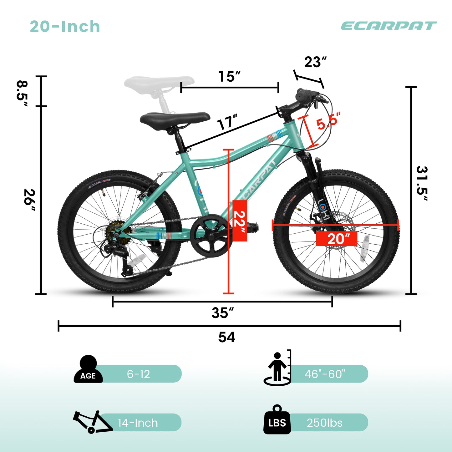 20 Inch Kids' Mountain Bike - 7 Speed, Steel Frame, Green