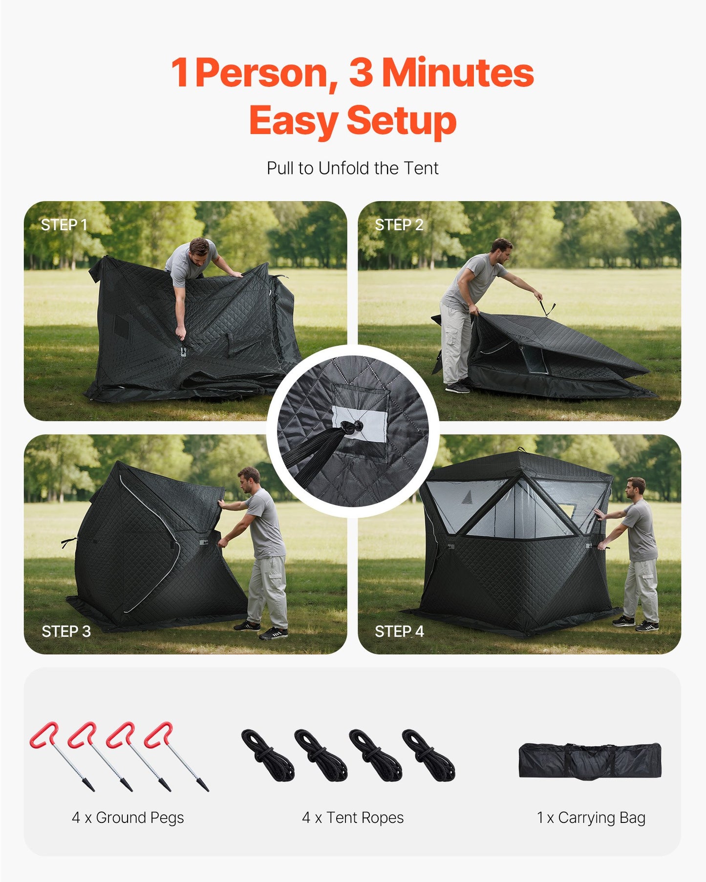 Outdoor 4-Person Sauna Tent with Velcro Flaps for Camping - Black