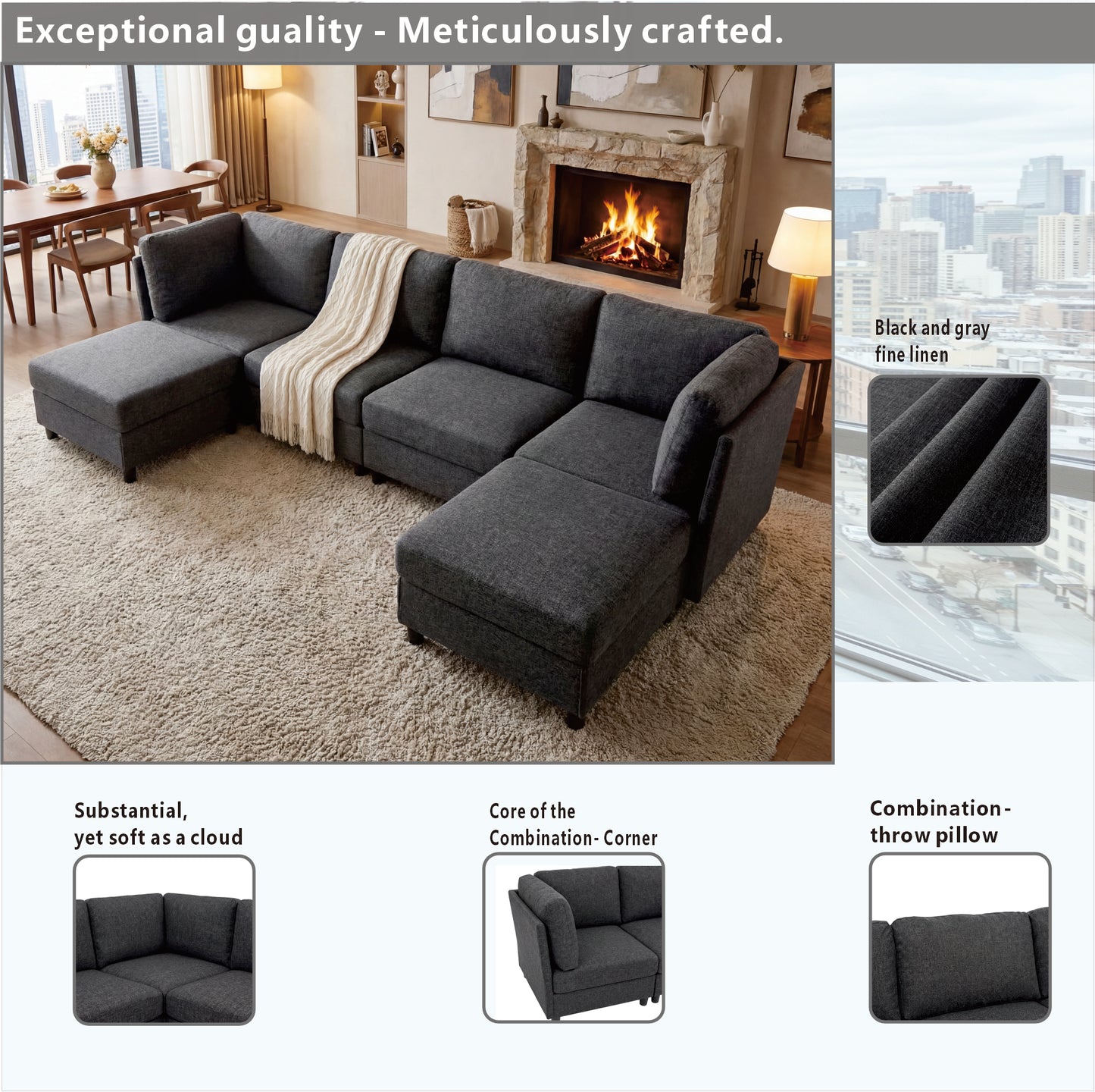 Modular Corner Sofa - Dark Grey Soft Upholstery for Living Room