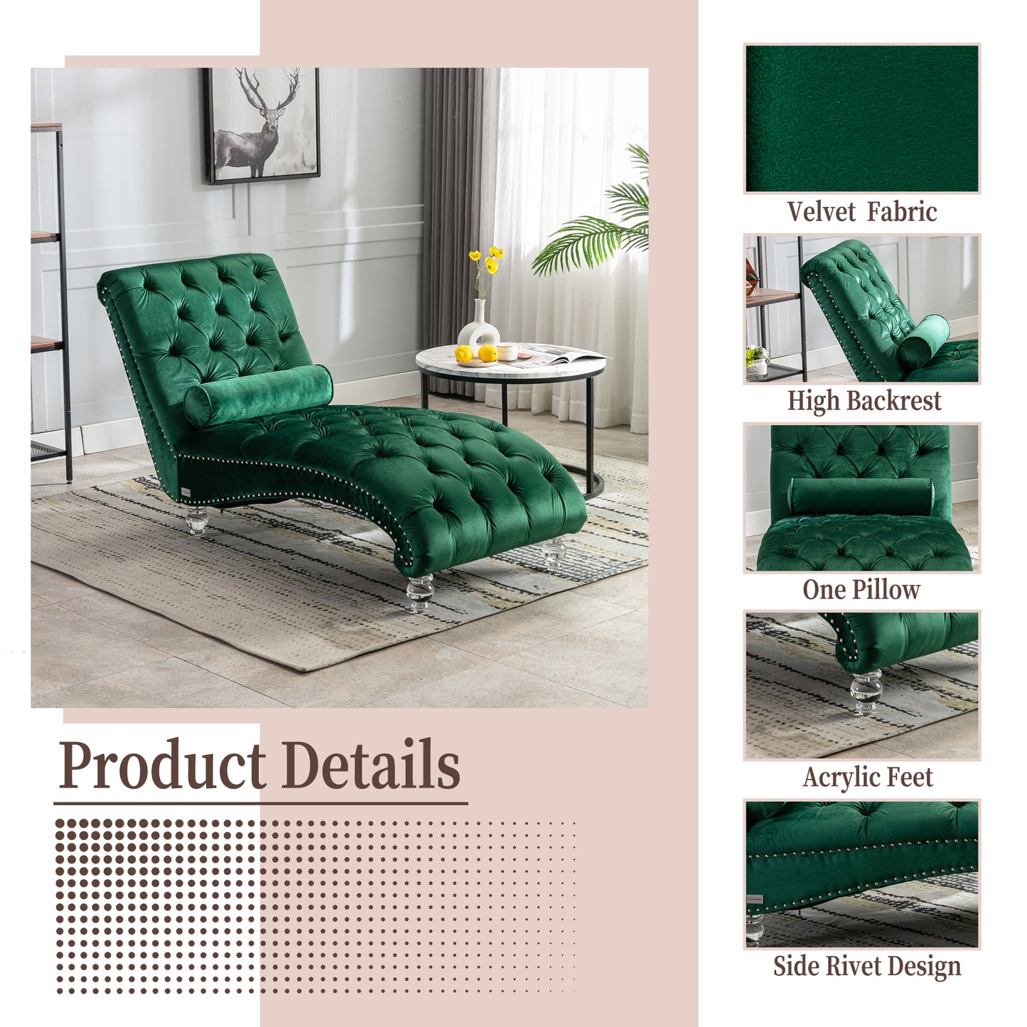 Emerald Velvet Chaise Lounge Chair - Button-Tufted with Pillow