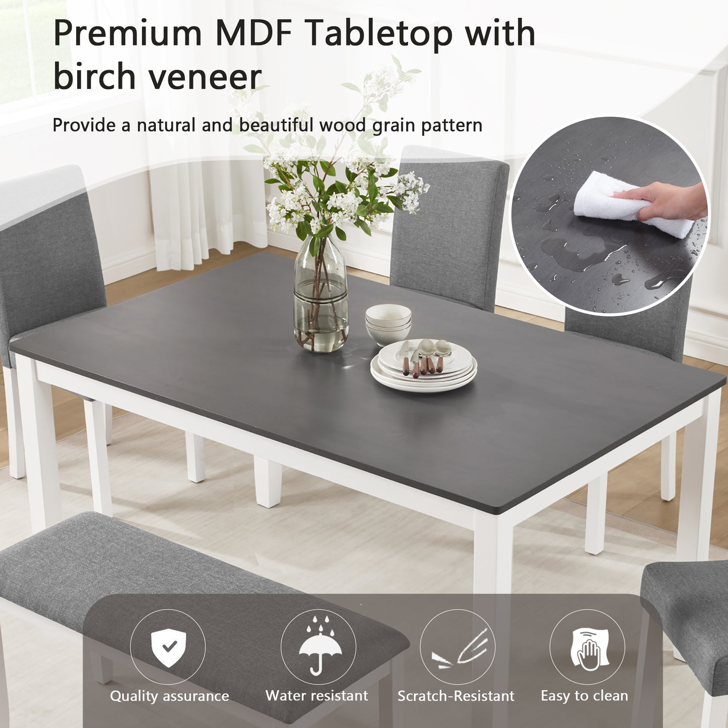 6-Piece Wooden Dining Table Set with Bench & Chairs - Grey/White