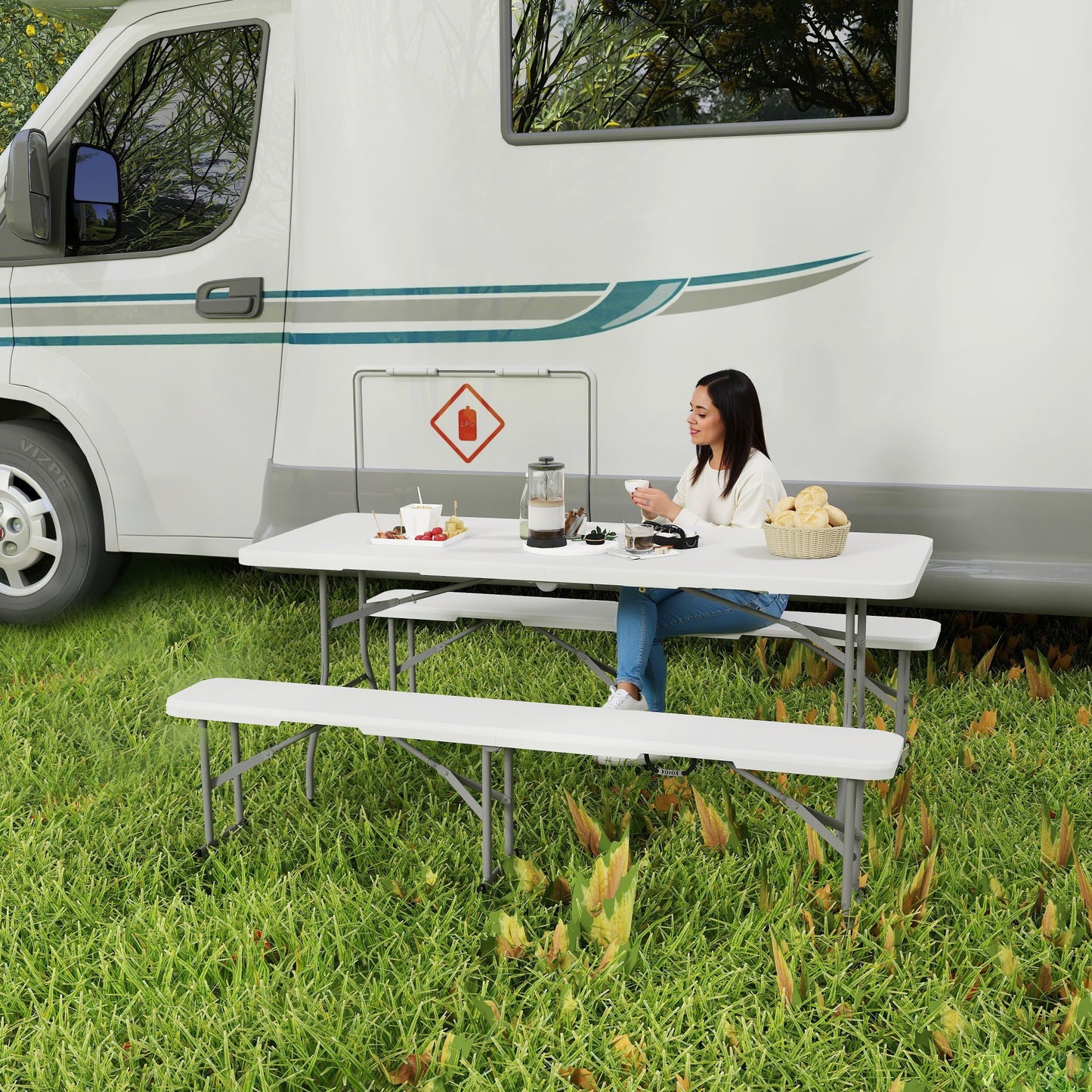 Portable Camping Table and Chairs Set - Folding Picnic Bench, White