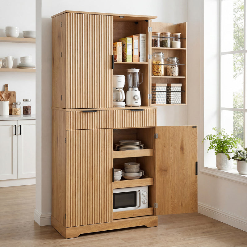 72-Inch Fluted Kitchen Pantry Cabinet with 3 Drawers & 6 Shelves - Oak