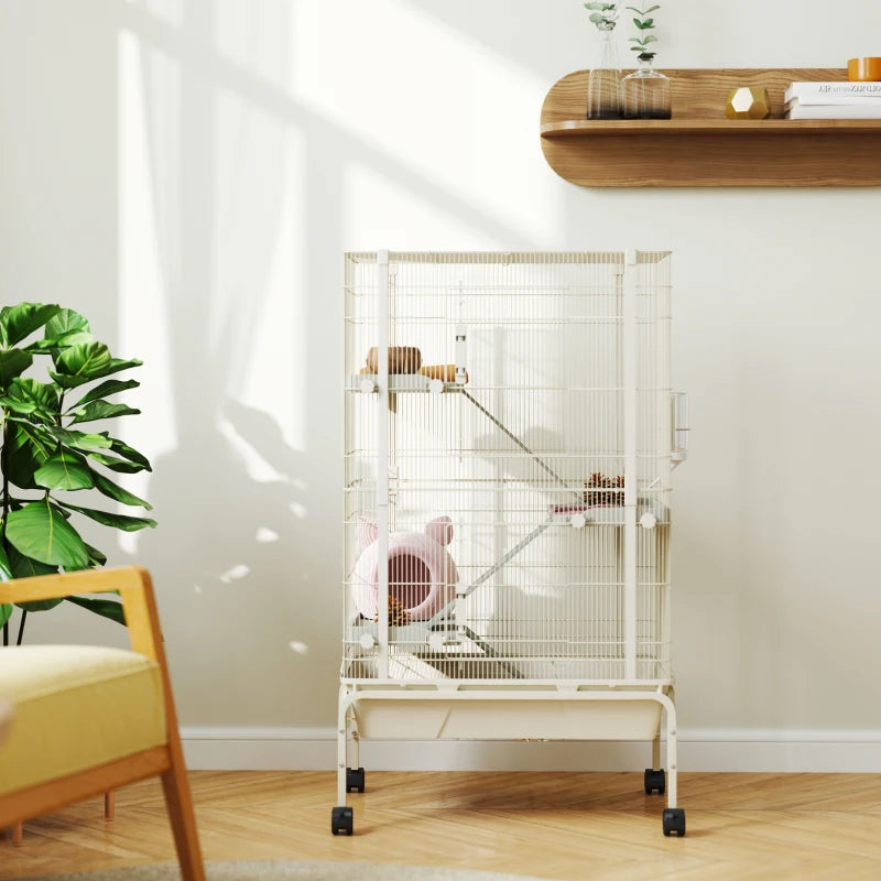Small Animal Cage with Ramps and Water Bottle - 47 Inch Multi-Level Metal Enclosure