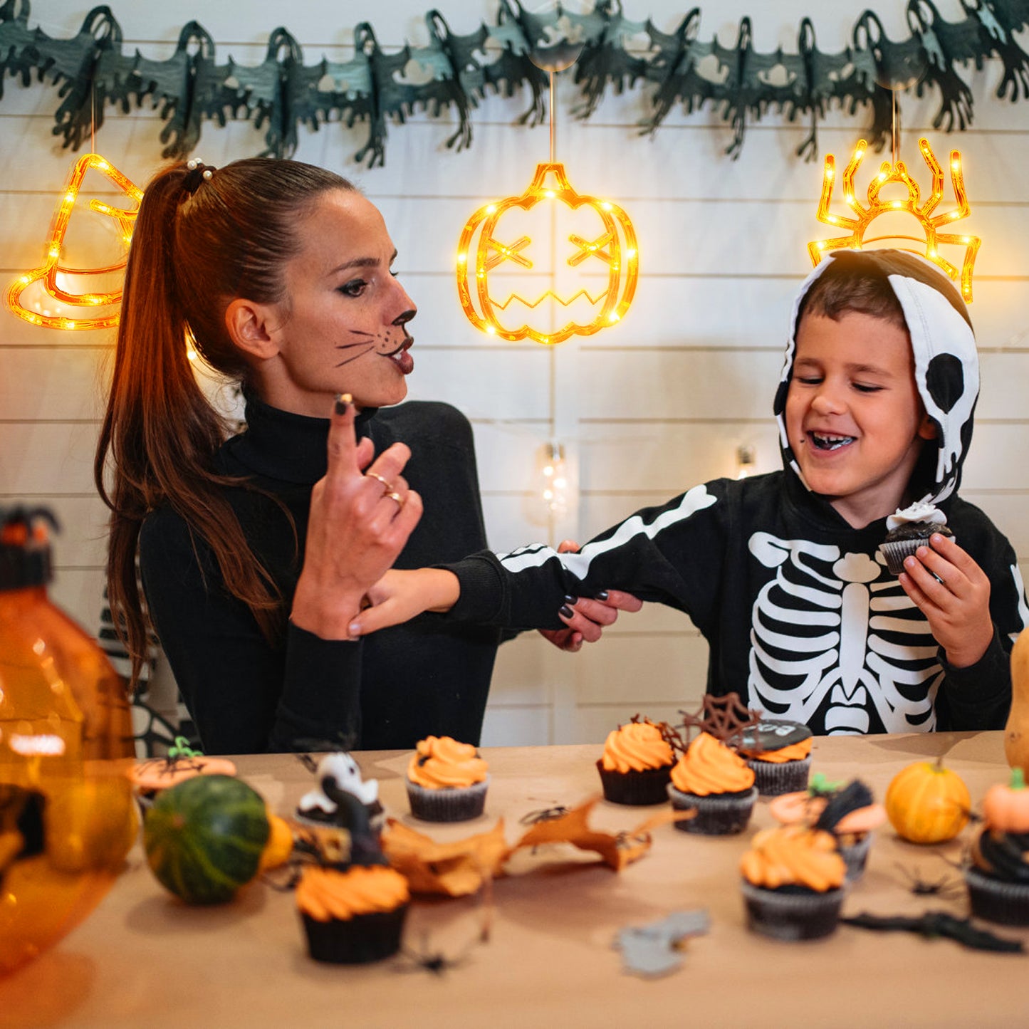Halloween Window Light Decoration Set - 3 Pack with Spider, Witch Hat & Pumpkin