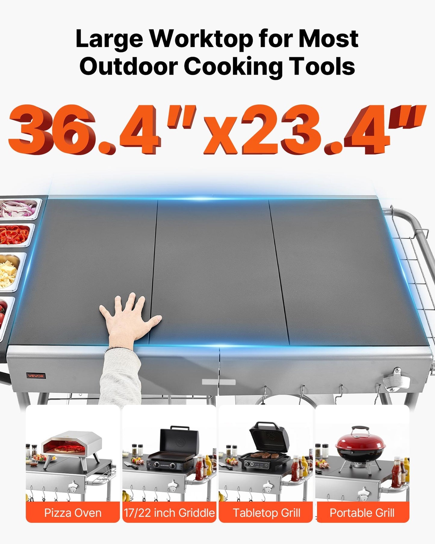 Outdoor Grill Cart with 36.4 x 23.4 Inch Worktop, 4 Spice Containers & Wheels