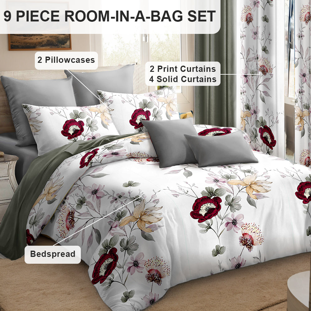 9-Piece Quilt and Curtain Set - Sage Green Floral Design