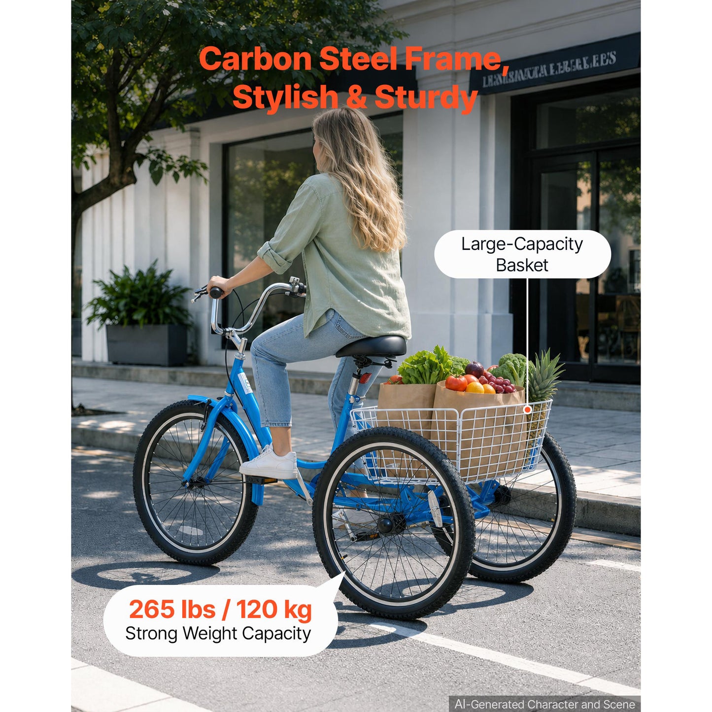 Adult 24 Inch Tricycle with Cargo Basket and Adjustable Seat - Women Men Seniors Cruiser Bike