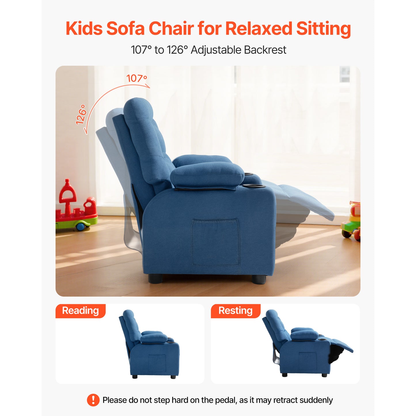 Kids Recliner Chair with Cup Holders & Adjustable Backrest - Blue