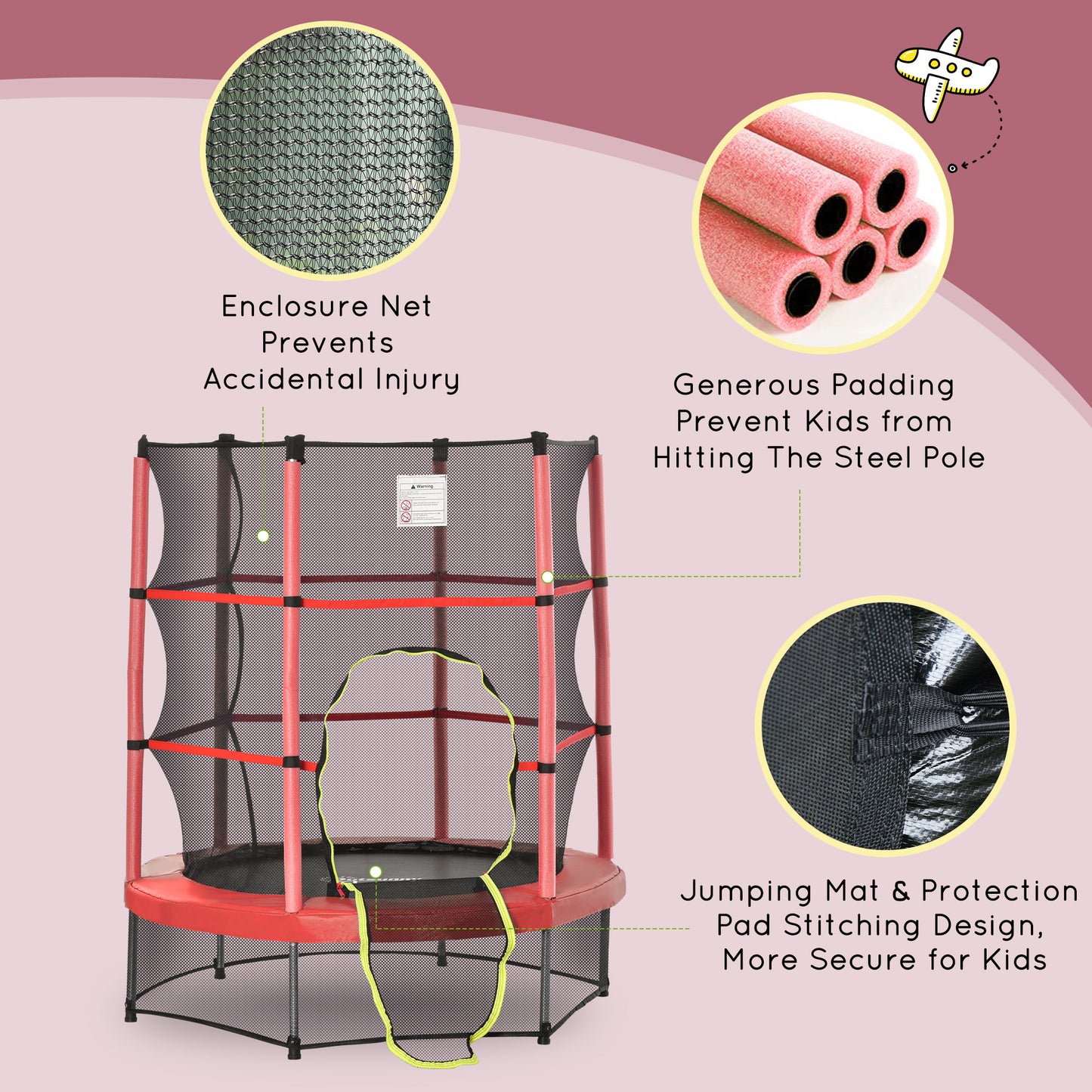 Kids Trampoline with Enclosure Net - Red, 5FT for Ages 3-6